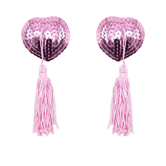 Pair of pink sequin pasties with tassels on a white background