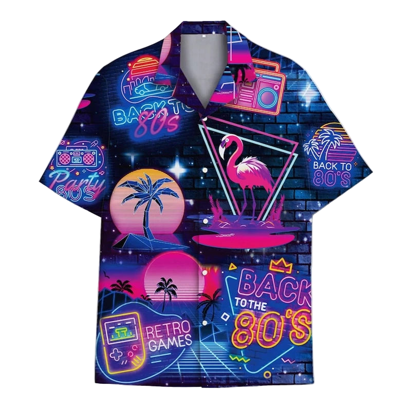 Hawaiian shirt with 1980s-themed graphics on a white background