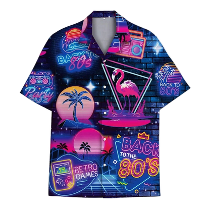 Hawaiian shirt with 1980s-themed graphics on a white background