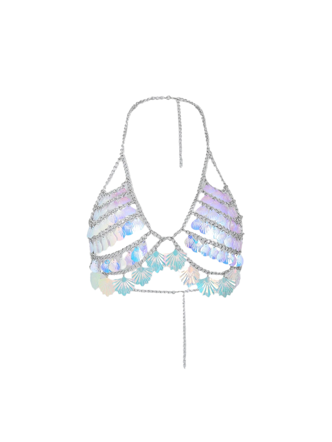 Mermaid shell sequin bikini top with body chain details for resort beach wear

