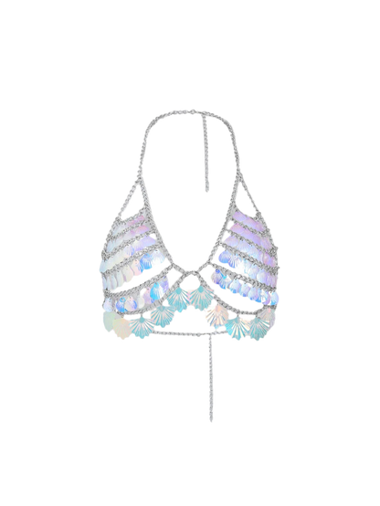 Mermaid shell sequin bikini top with body chain details for resort beach wear

