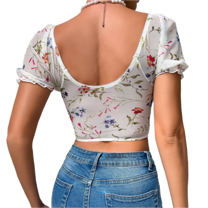 White Floral Embroidery Corsets V neck Bubble Sleeve Crop Top