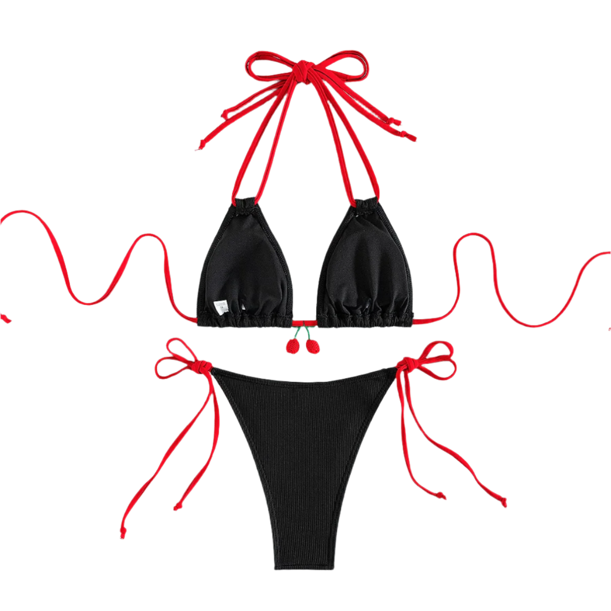 A black bikini with red string ties and cherry embellishments on the top. The design is simple yet charming, with a touch of whimsy.
