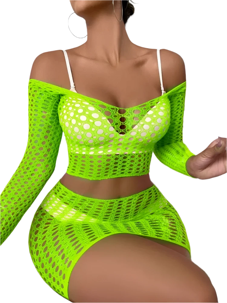 Neon Green Fishnet Dress: A vibrant neon green fishnet dress with large cutouts, featuring a halter neck and a form-fitting design.

