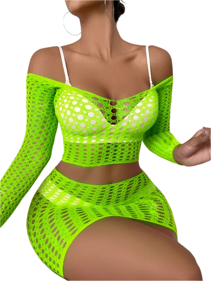 Neon Green Fishnet Dress: A vibrant neon green fishnet dress with large cutouts, featuring a halter neck and a form-fitting design.

