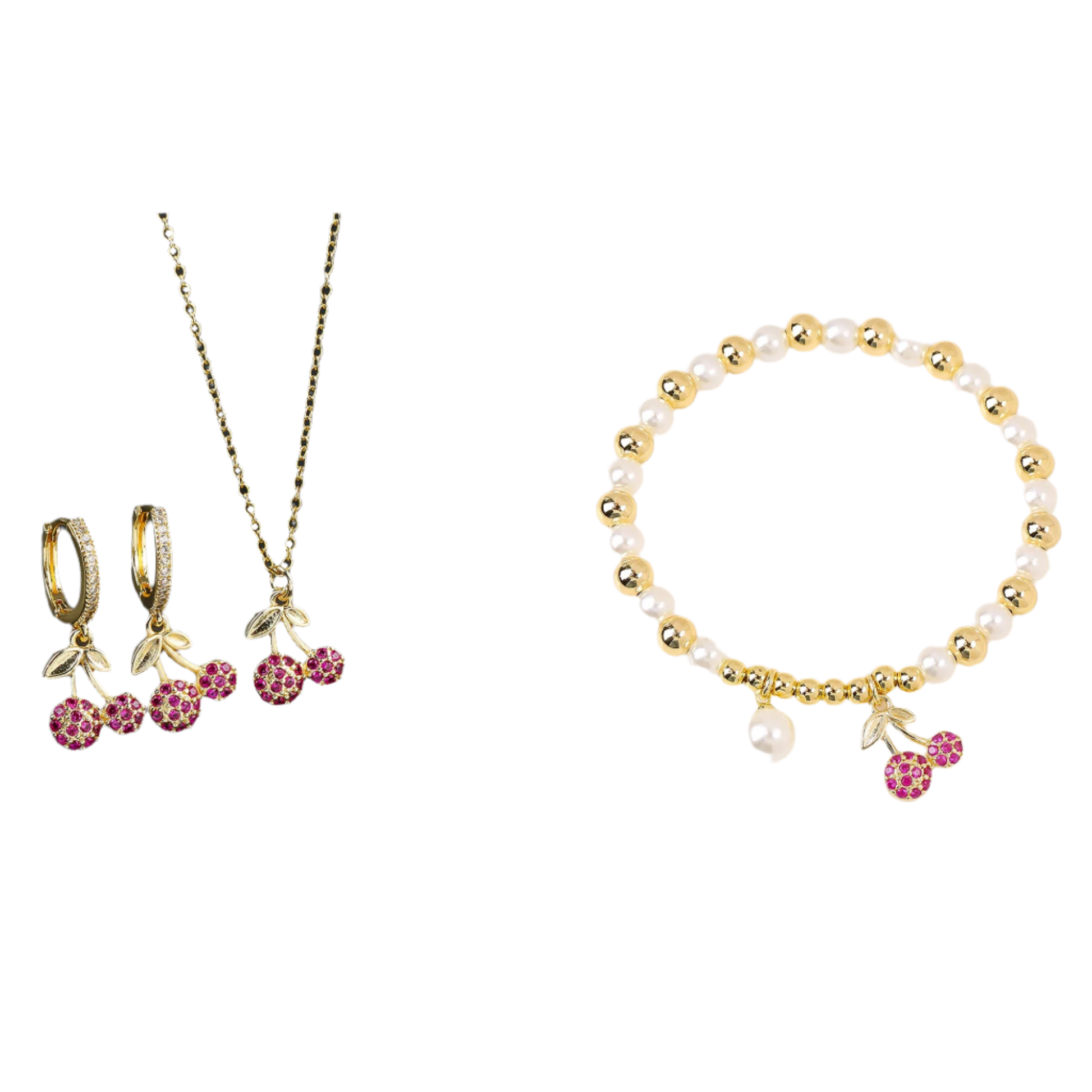 Jewelry set with cherry-themed earrings and necklace on a black background, and a bracelet with cherry details on a white background.