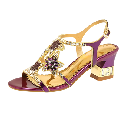 Diamond-embellished leather sandals with multiple heel height options for versatile resort wear

