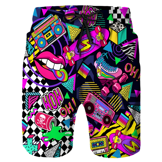 Retro Pattern Shorts: Vibrant shorts with a colorful retro pattern featuring boomboxes, roller skates, lips, and geometric shapes. The design is bold and playful, capturing a fun, nostalgic vibe