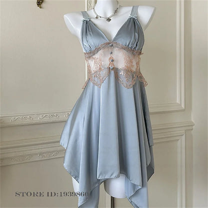 Sexy Women Lingerie Nightgown Chemise Sleepwear Patchwork Hollow Out Lace Nightdress Homeweae Summer Ice Silk Nightie Loungewear