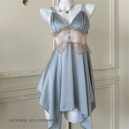 Sexy Women Lingerie Nightgown Chemise Sleepwear Patchwork Hollow Out Lace Nightdress Homeweae Summer Ice Silk Nightie Loungewear