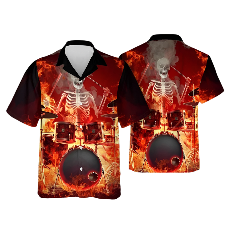Hawaiian shirt with skeleton playing drums design on a plain background