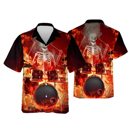 Hawaiian shirt with skeleton playing drums design on a plain background