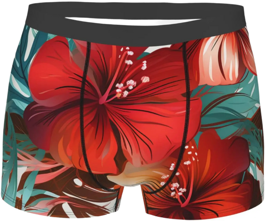 Men's stretch boxer briefs with floral tropical flowers pattern moisture wicking trunk design in black for Hot Tropics theme night resort wear