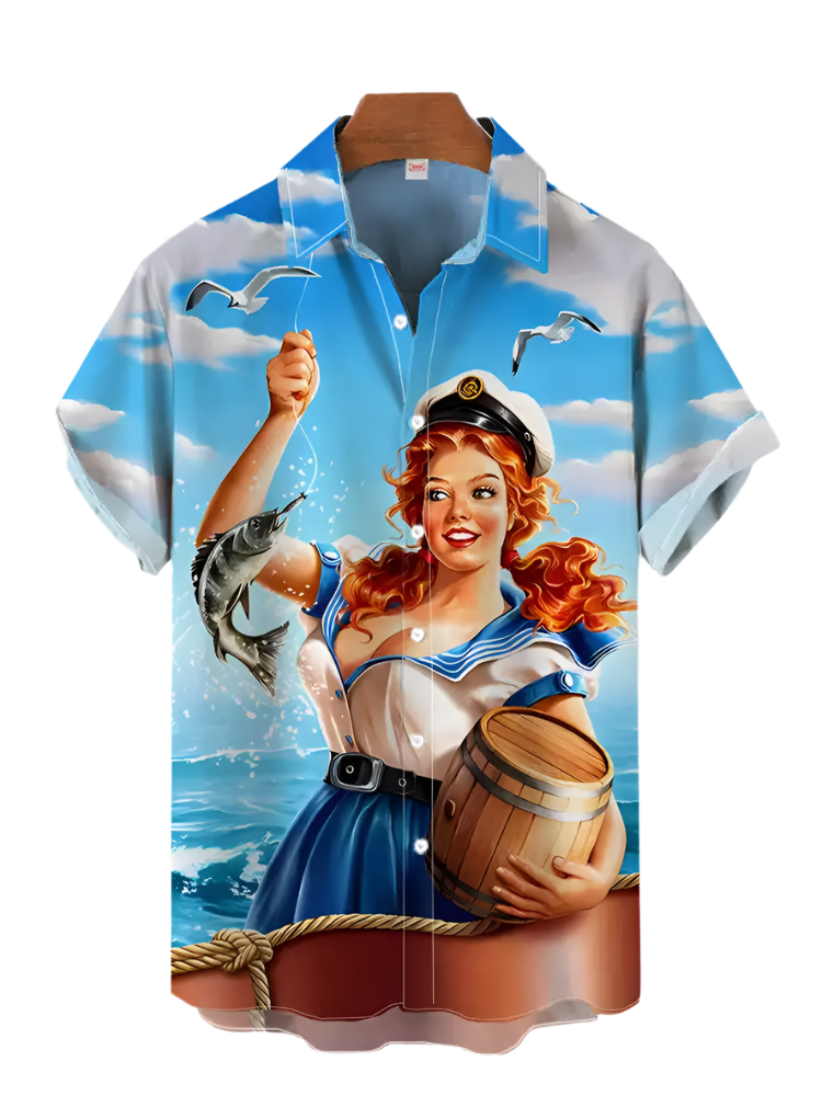 Shirt with a design of a woman holding a fish and a barrel against a sky and water background.