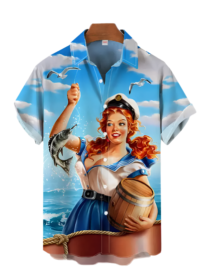 Shirt with a design of a woman holding a fish and a barrel against a sky and water background.