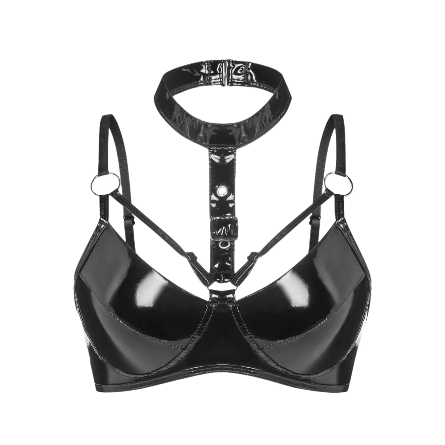 Black patent leather bra with straps on a white background