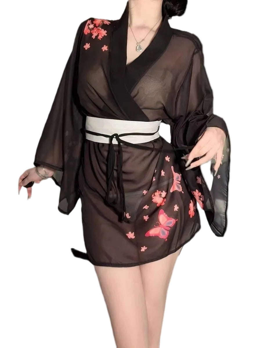 Black sheer kimono with pink floral embroidery on a white background