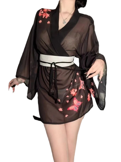 Black sheer kimono with pink floral embroidery on a white background