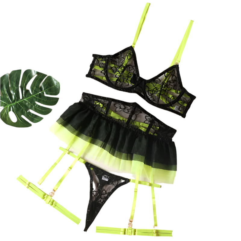 Lingerie set with green and black tutu-style skirt, yellow stockings