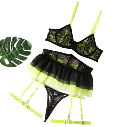 Lingerie set with green and black tutu-style skirt, yellow stockings