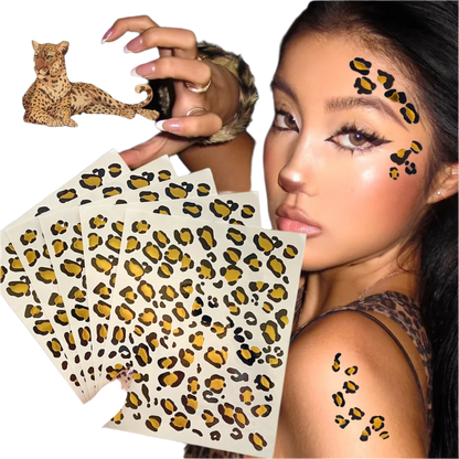 Metallic leopard print temporary tattoo stickers with foil finish, perfect for resort theme nights

