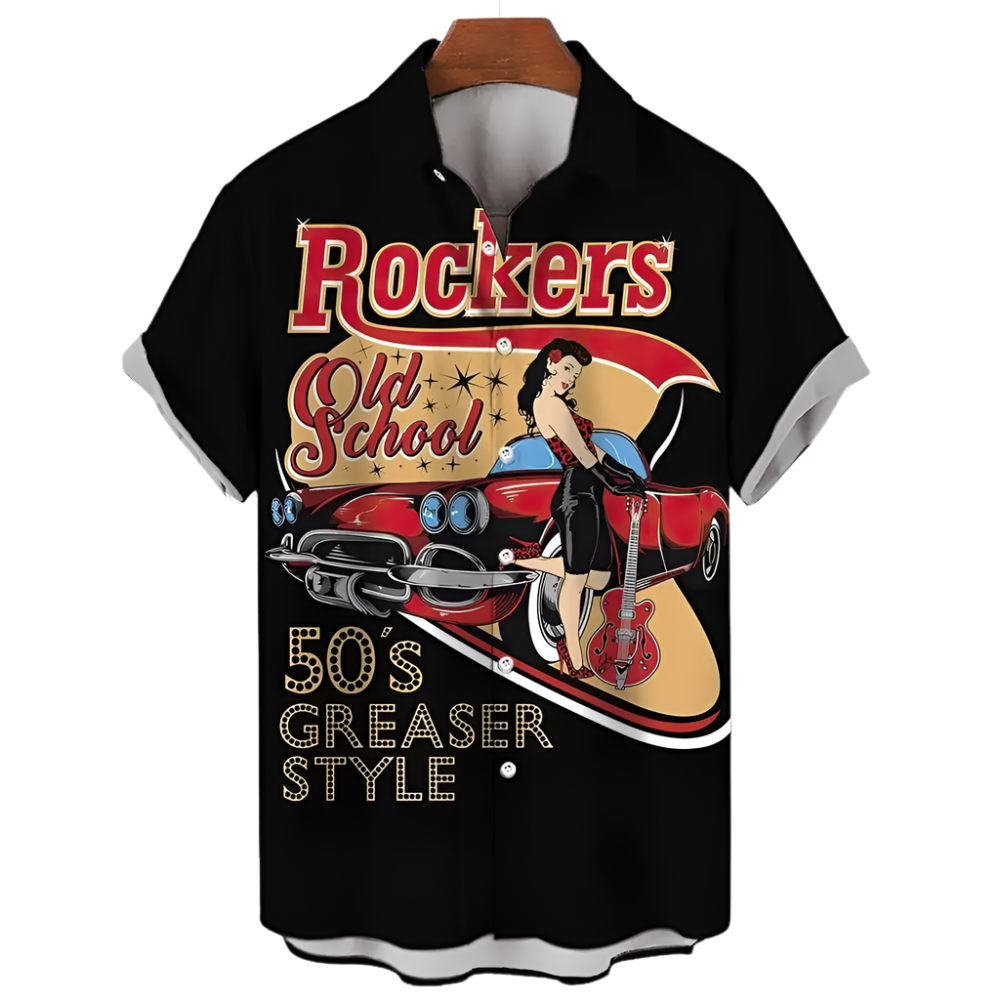Black shirt with 'Rockers Old School 50's Greaser Style' graphic design on a white background