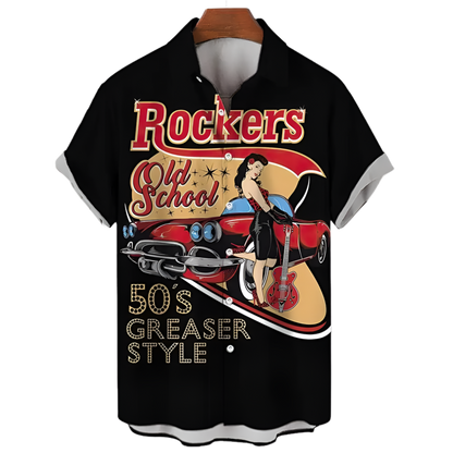 Black shirt with 'Rockers Old School 50's Greaser Style' graphic design on a white background
