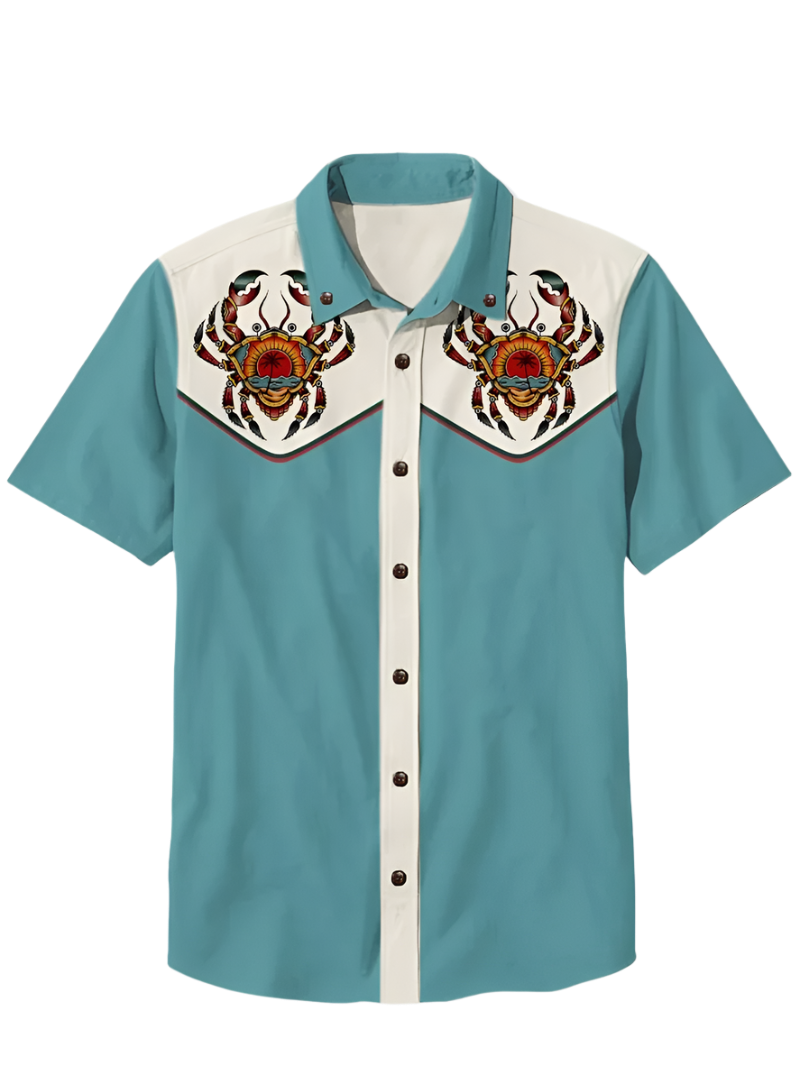 Retro men's denim Hawaiian shirt with 3D ethnic academy casual short sleeved lapel button Y2K streetwear design for resort entertainment