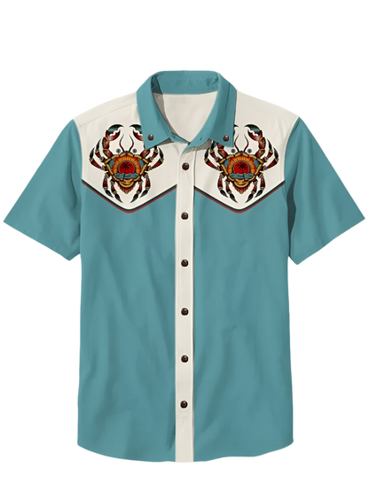 Retro men's denim Hawaiian shirt with 3D ethnic academy casual short sleeved lapel button Y2K streetwear design for resort entertainment