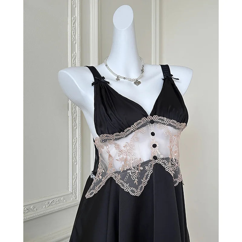 Sexy Women Lingerie Nightgown Chemise Sleepwear Patchwork Hollow Out Lace Nightdress Homeweae Summer Ice Silk Nightie Loungewear