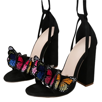 White open toe sandals with handwork butterfly embroidery and lace-up high heels perfect for resort party dress occasions and wedding events
