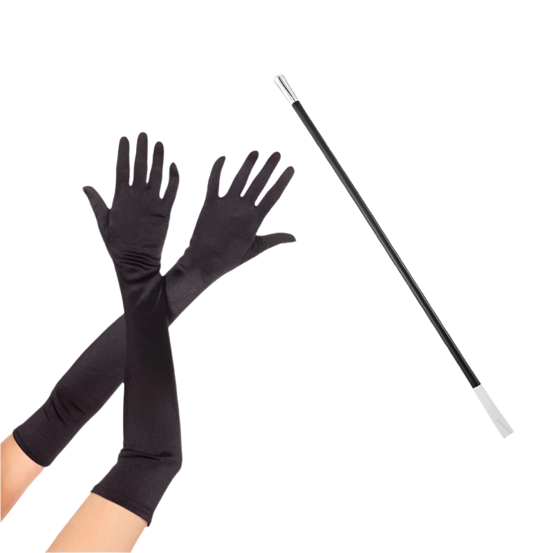 Complete Audrey Hepburn inspired accessory set with pearl necklace, earrings, gloves and cigarette holder for resort theme nights

