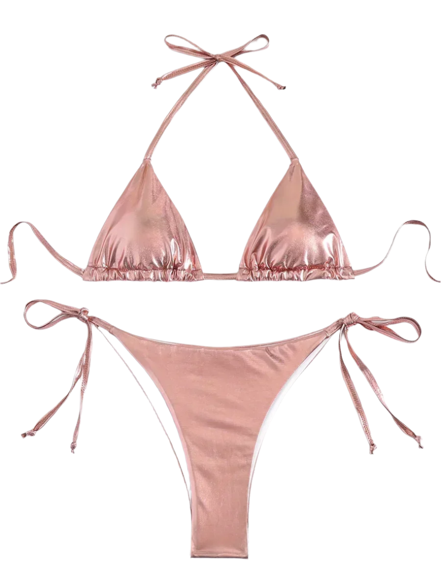 A shiny, iridescent bikini in shades of pink. It features a classic triangle top and tie-side bottoms, creating a vibrant and eye-catching beachwear style.