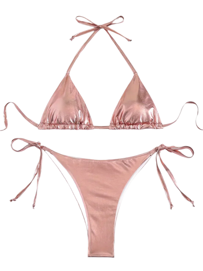 A shiny, iridescent bikini in shades of pink. It features a classic triangle top and tie-side bottoms, creating a vibrant and eye-catching beachwear style.