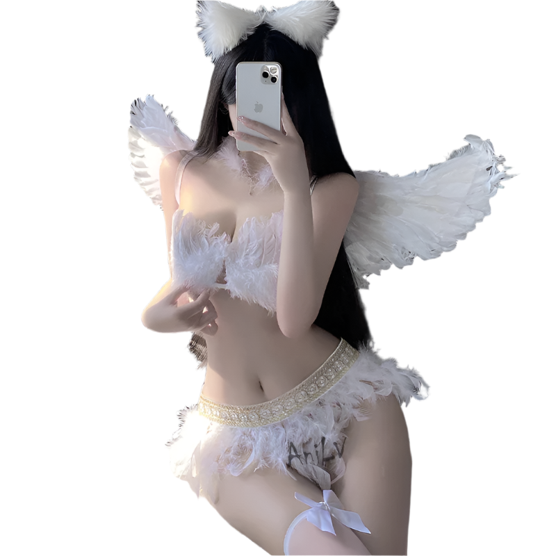 White Feathered Angel Wing Bra Set - Fantasy Theme Night Costume with Wings