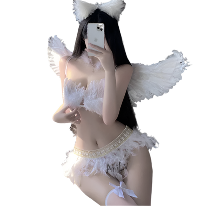 White Feathered Angel Wing Bra Set - Fantasy Theme Night Costume with Wings