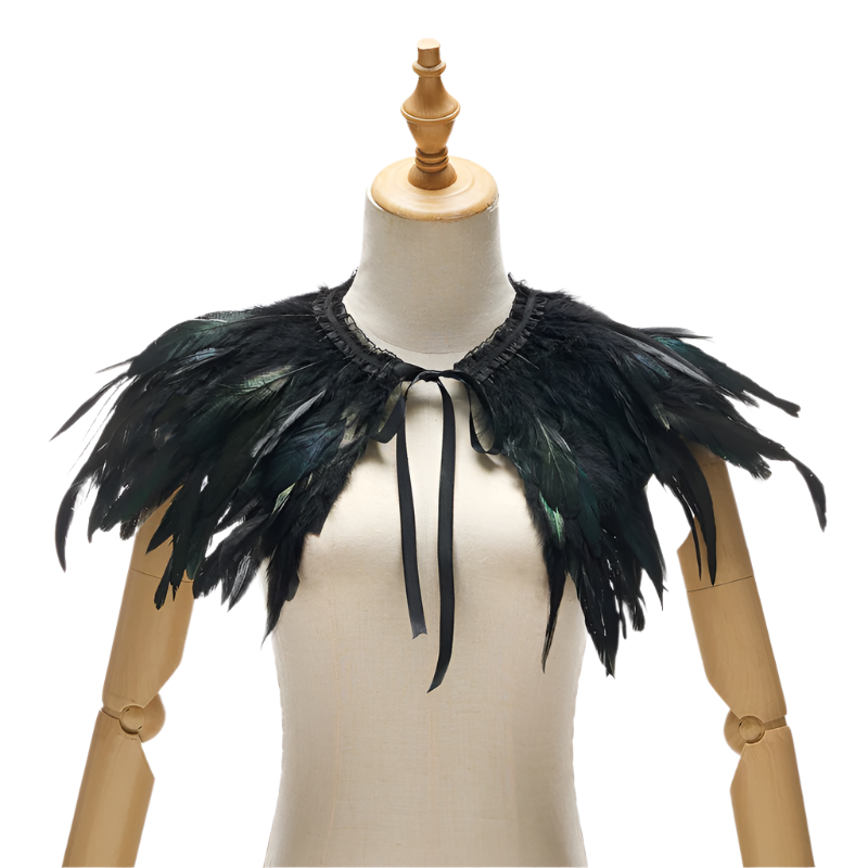  Feather Shoulder Piece: A vibrant feather shoulder piece displayed on a mannequin, with black accents and a striking, textured design.