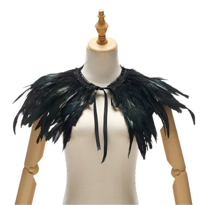  Feather Shoulder Piece: A vibrant feather shoulder piece displayed on a mannequin, with black accents and a striking, textured design.