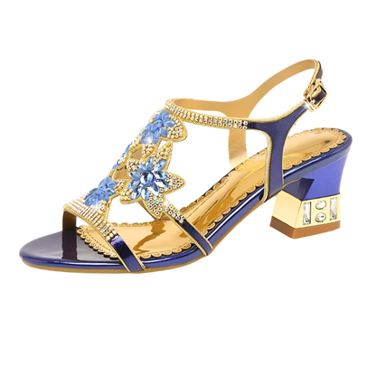 Diamond-embellished leather sandals with multiple heel height options for versatile resort wear

