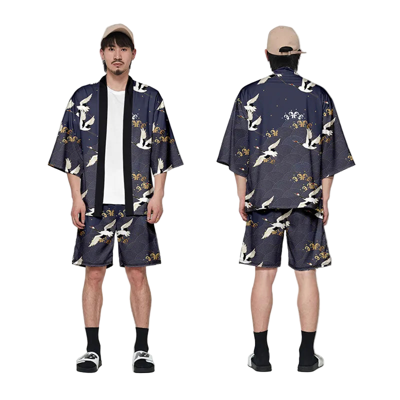 Person wearing a navy blue kimono-style outfit with white bird patterns, front and back views.