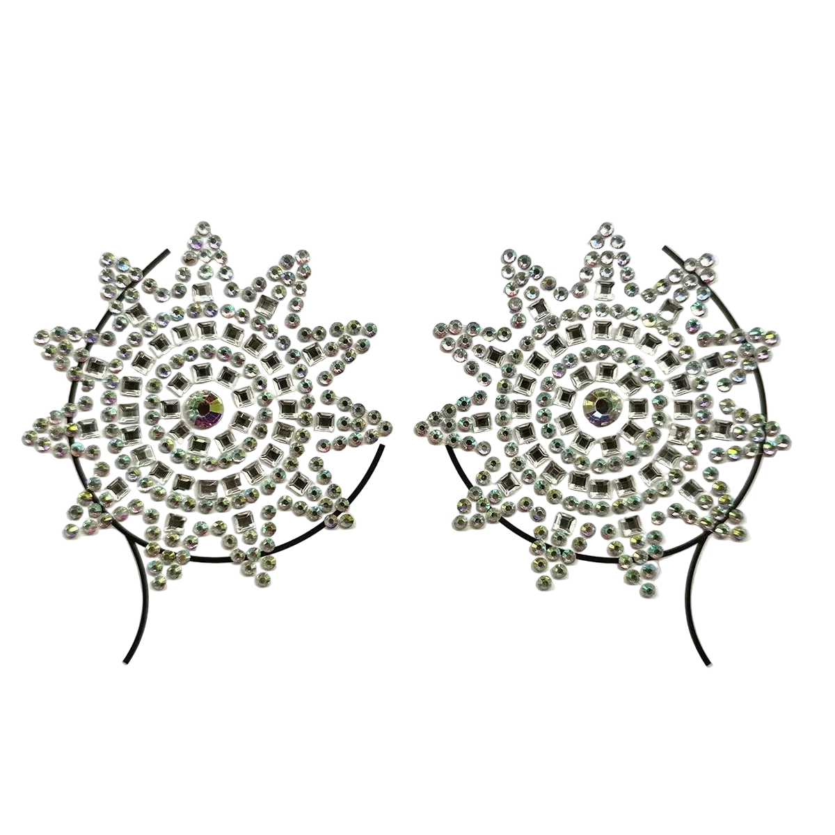 Pair of decorative hair clips with starburst design and rhinestones on a white background