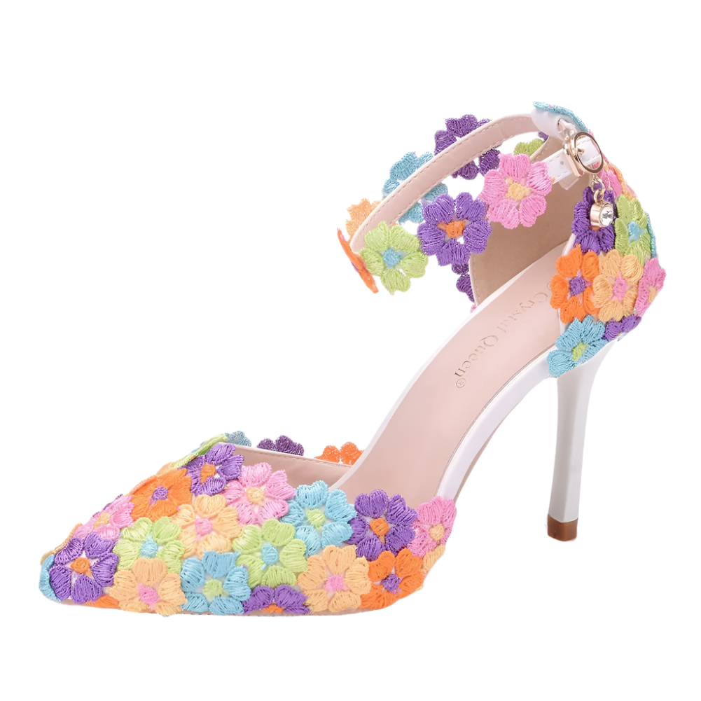 Colorful floral high-heeled shoe with heel height indicated.