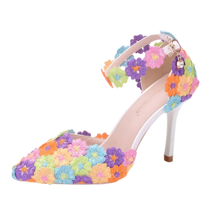 Colorful floral high-heeled shoe with heel height indicated.