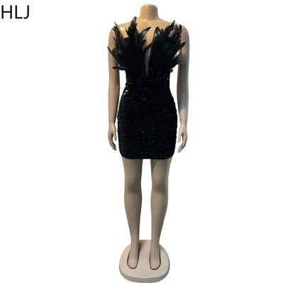 Black Feathers Sequin Mini Dress | Backless Bodycon for Women