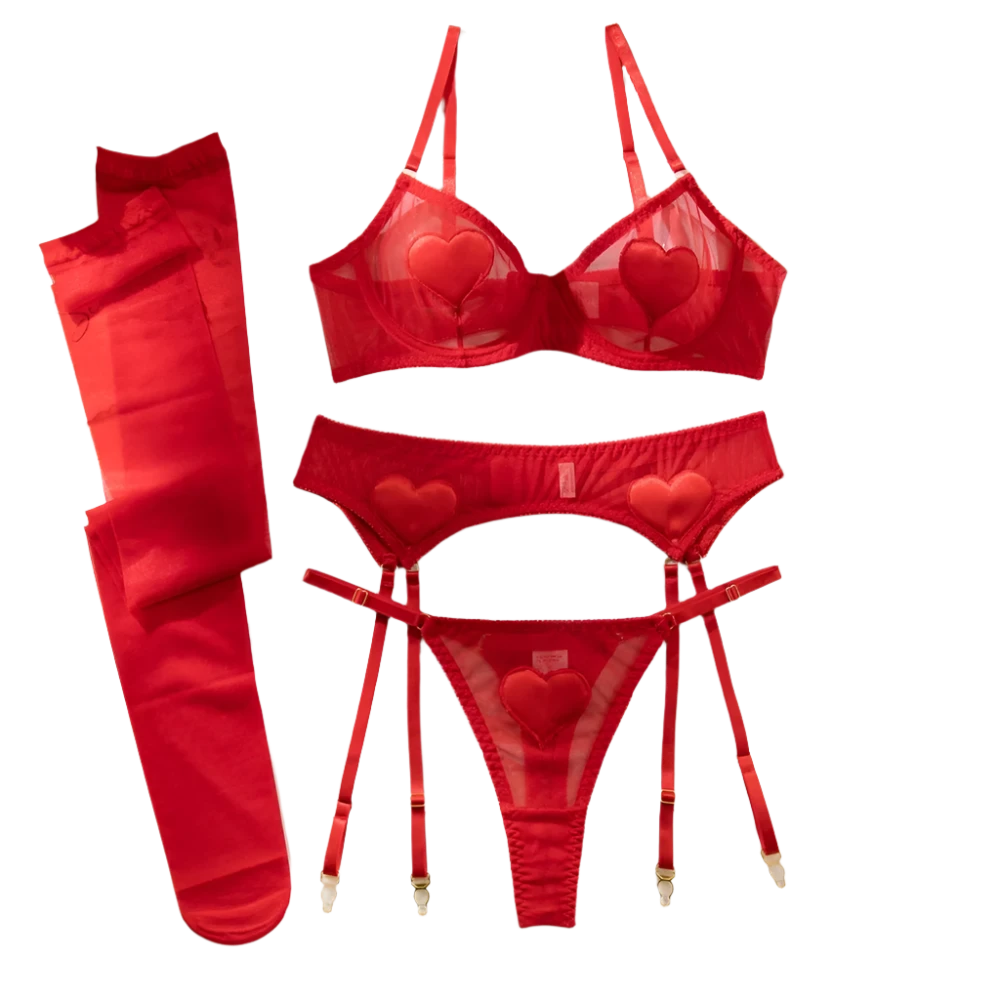 Red Heart Patchwork Lingerie 4Pcs Set