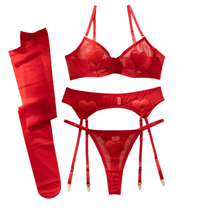 Red Heart Patchwork Lingerie 4Pcs Set