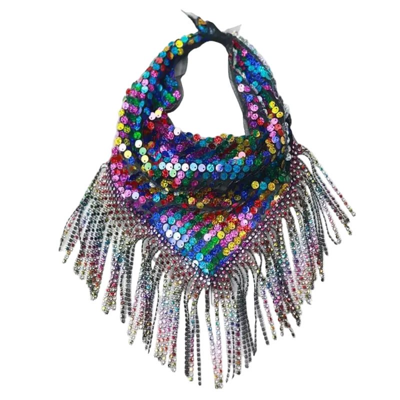 Multicolored sequin scarf with fringe on a white background