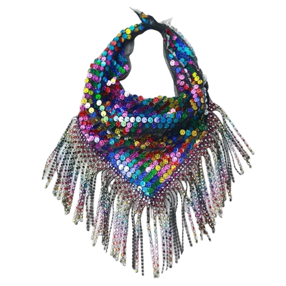 Multicolored sequin scarf with fringe on a white background