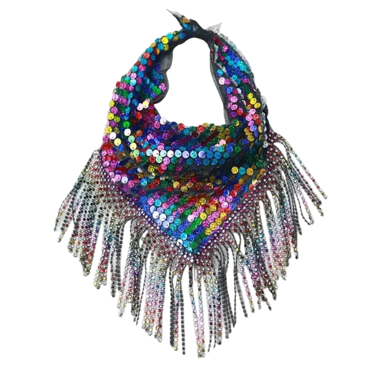 Multicolored sequin scarf with fringe on a white background