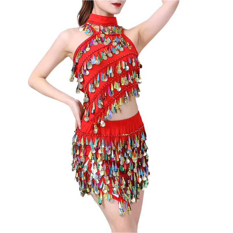  sequin coin tassel Latin dance set with fringe top and skirt for professional resort performances